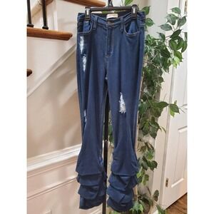 Vibrant Womens Stacked Blue Denim Rayon Distressed Pockets Pull On Jeans Large